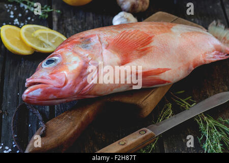 Roher Fisch Zackenbarsch auf Holzbrett mit in Scheiben geschnittenen Zitrone, Rosmarin und Saltover alte Holz Küchentisch. Dunkel rustikalen Stil. Stockfoto