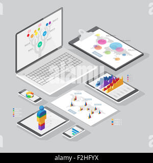 Satz von Infografiken Designelemente auf Briefpapier und Computer-Geräte. Isometrische Stil. Stockfoto