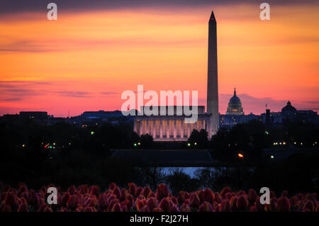 Lincoln Memorial, Washington Monument und Capitol Nähe aus den Niederlanden Glockenspiel, das Marine Corps War Memorial. Stockfoto