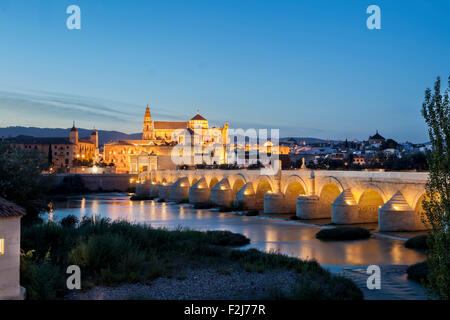 Römische Brücke und Mezquita von Córdoba über Fluss Guadalquivir, Córdoba, Spanien. Nachtszene Stockfoto