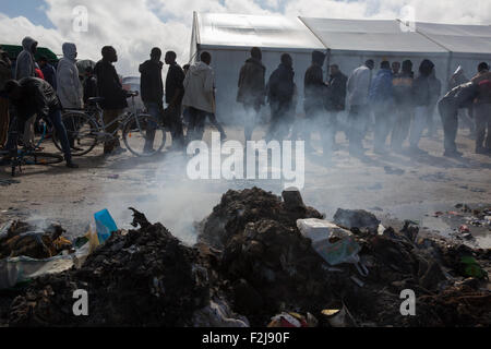 Calais, Frankreich. 19. September 2015. Flüchtlinge im "Dschungel" Camp in Calais Warteschlange empfangen Hilfe Credit: auf Anblick Photographic/Alamy Live News Stockfoto