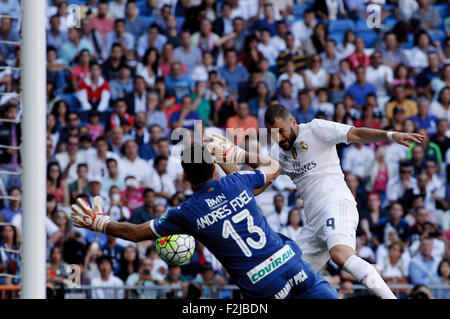 Madrid, Spanien. 19. September erzielt 2015.Real Madrids Französisch vorwärts, Karim Benzema ein Tor während des spanischen Liga 2015/16-Spiels zwischen Real Madrid und Granada, im Santiago-Bernabéu-Stadion in Madrid am 19. September 2015. Bildnachweis: Guillermo Martinez/Alamy Live-Nachrichten Stockfoto