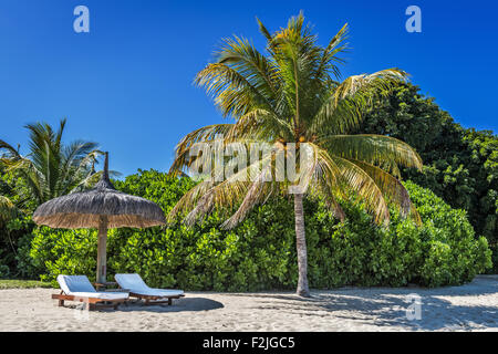 Liegestühle und Sonnenschirm am tropischen Strand Insel Mauritius, Indischer Ozean Stockfoto