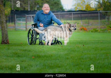 Mann mittleren Alters in einem Rollstuhl, die Zeit im Freien mit seinem Hund genießen Stockfoto