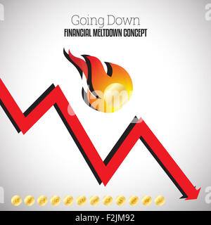 Vektor-Illustration der flammenden Goldmünze mit einer nach unten Pfeilgrafik nach unten fallen. Stockfoto