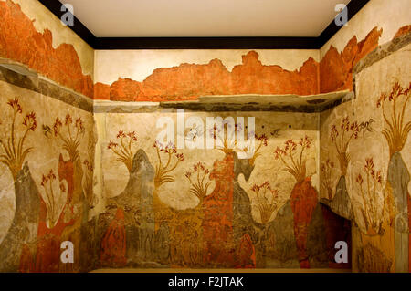 Das "Frühling" Fresko von der archäologischen Stätte von Akrotiri (Santorin) im nationalen archäologischen Museum von Athen. Stockfoto