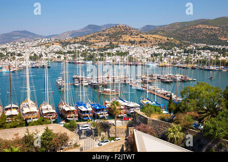 Vogelperspektive Blick auf Bodrum Hafen und Marina, Ägäis Türkei Stockfoto