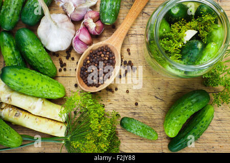 Vorbereitungen zu hausgemachten Gurken mit Knoblauch, Dill und Meerrettich auf alette Stockfoto