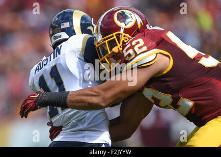 Landover, MD, USA. 20. September 2015. Washington Redskins innen Linebacker Keenan Robinson (52) befasst sich St. Louis Rams Wide Receiver Tavon Austin (11) während das Matchup zwischen den St. Louis Rams und den Washington Redskins bei FedEx Field in Landover, Maryland. Die Redskins besiegte die Rams 24-10 und zur 1: 1 auf die Saison. Bildnachweis: Cal Sport Media/Alamy Live-Nachrichten Stockfoto