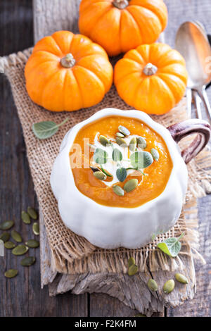 Kürbissuppe mit saurer Sahne, Kräutern und Samen Stockfoto