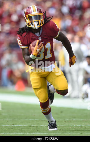 Landover, MD, USA. 20. September 2015. Washington Redskins läuft wieder Matt Jones (31) läuft für einen Touchdown während dem Matchup zwischen den St. Louis Rams und den Washington Redskins bei FedEx Field in Landover, Maryland. Bildnachweis: Cal Sport Media/Alamy Live-Nachrichten Stockfoto