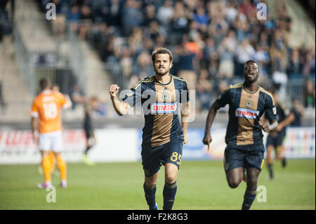 Chester, Pennsylvania, USA. 20. Sep, 2015. Philadelphia Union-Spieler, TRANQUILLO BARNETTA (85) feiert sein erste MLS-Tor gegen die Houston Dynamos während ihres Spiels gespielt im PPL Park in Chester Pa Credit scoring: Ricky Fitchett/ZUMA Draht/Alamy Live News Stockfoto