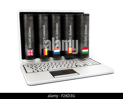 Wörterbücher in Laptop-Computer-Bildschirm isoliert auf weißem Hintergrund Stockfoto