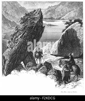 Holz graviert print Lücke von Dunloe, County Kerry, Landschaft von Irland". Die Lücke von DUNLOE, ist ein Wild Mountain verunreinigen oder Pass und liegt zwischen den Gestank und die Purple Mountain, eine Schulter des Tomies. Der Glen, der ungefähr vier Meilen in der Länge, präsentiert eine außergewöhnliche Erscheinung. Auf der rechten oder linken Hand, die schroffen Felsen, die aus riesigen Massen von hervorstehenden Felsen, drohen ängstlich über den schmalen Weg, und bei jedem Schritt droht mit Zerstörung der abenteuerliche Erforscher von diesem trostlosen Szene. Stockfoto