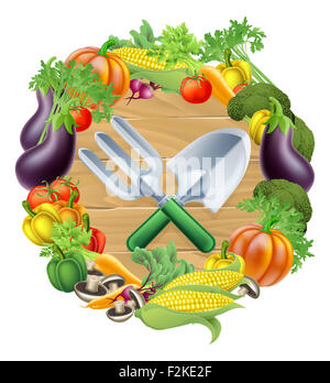 Kelle und Gartengeräte Garten Gabel, umgeben von einem Kreis-Grenze von frischem Obst und Gemüse Essen produzieren Stockfoto
