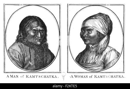 Kapitän James Cook FRS 1728 1779 British Explorer, Navigator, Kartograph, Kapitän der Royal Navy. Mann und Frau von Kamtschatka Stockfoto
