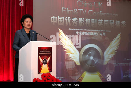 London, Großbritannien. 20. Sep, 2015. Chinesischer Vize-Premier Liu Yandong befasst sich der China-UK Film & TV-Konferenz in London, Großbritannien, 20. September 2015. Bildnachweis: Han Yan/Xinhua/Alamy Live-Nachrichten Stockfoto