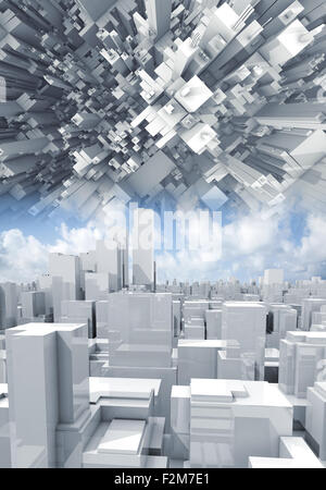 Abstrakte digitale Stadtbild, Wolkenkratzer und chaotisch fliegenden Konstruktion, 3d illustration Stockfoto