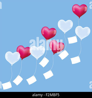 Herzförmige Luftballons mit leere Briefe werden ausgesendet, um wahr zu werden, Valentinstag, Geburtstag oder während einer Hochzeitsfeier. Stockfoto