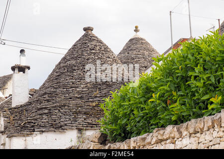 Wand und konische Stein Dächer der Trulli Häuser. Stockfoto