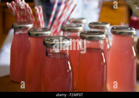Horizontale Nahaufnahme von einzelnen rosa Limonade Flaschen mit passenden rosa Stroh Stockfoto