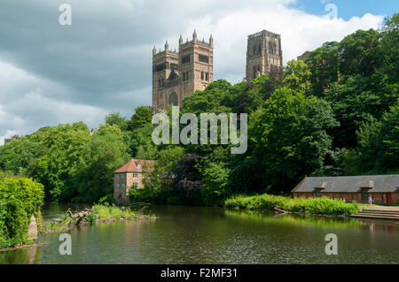 Durham Kathedrale und die alte Fulling Mühle über den Fluss tragen.  Durham, England, Vereinigtes Königreich. Stockfoto