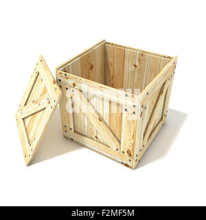 Hölzerne Kiste geöffnet. Seitenansicht. 3D Render Abbildung isoliert auf weißem Hintergrund Stockfoto