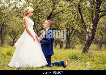 Schöne junge Hochzeitspaar draußen in der Natur Stockfoto