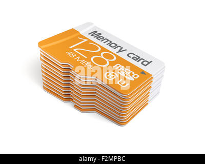 3D-Rendering Speicher micro SD-Karte Stapel. Isoliert auf weißem Hintergrund Stockfoto