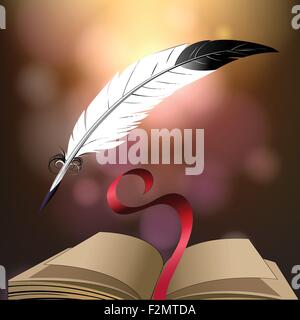 Offenes Buch und Feder Stift Fantasy Hintergrund. Bunte Illustration. Stock Vektor