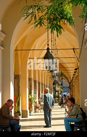 Vertikale Ansicht der Einwohner und Touristen, die Ruhe in den Torbögen die Tuchhallen (Sukiennice) in den Marktplatz Stockfoto