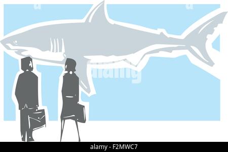 Holzschnitt Stil expressionistische Bild von Business-Mann und Frau vor einem Hai Stock Vektor