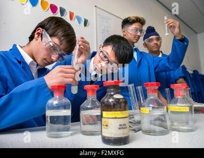 Jungen (14 Jahre alt) während einer Unterrichtsstunde Chemie an des Königs Edwards School, Birmingham UK Stockfoto