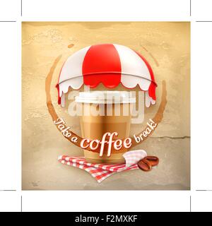 Tasse Kaffee mit Kaffeefleck, Tischdecken, Kaffeekörner und Markisen auf Grunge Hintergrund, Vektor Plakat nehmen eine Kaffeepause, Stock Vektor