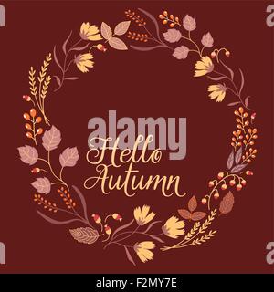 Blumenrahmen Herbstkollektion. Niedliche Set mit Retro-Blüten in einer Form ideal für Hochzeits-Einladungen und Geburtstagskarten Kranz angeordnet. Zeichen-Hallo-Herbst Stock Vektor