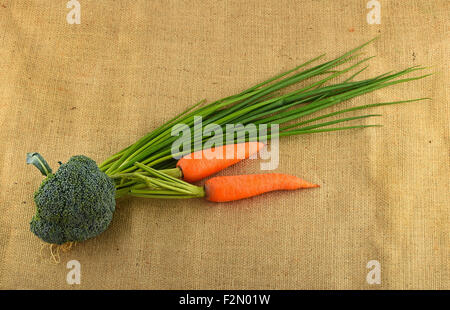 Artisan Sommergemüse und Grüns auf Leinwand, Wölbung, grüne Zwiebeln, 2 Karotten und frischer Brokkoli Stockfoto