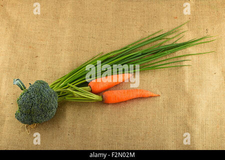 Artisan Sommergemüse und Grüns auf Leinwand, Wölbung, grüne Zwiebeln, 2 Karotten und frischer Brokkoli Stockfoto