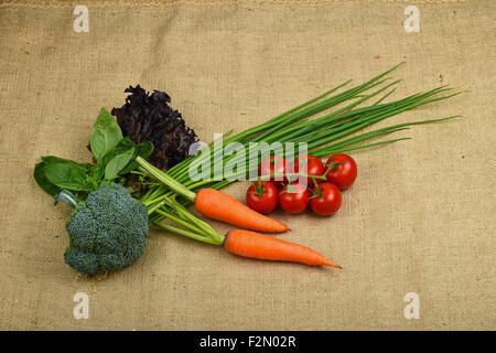 Artisan Sommergemüse und Grüns auf Leinwand, Haufen von sechs rote Reife Cherry-Tomate, Bunching Zwiebeln, 2 Karotten, frischem Basilikum l Stockfoto