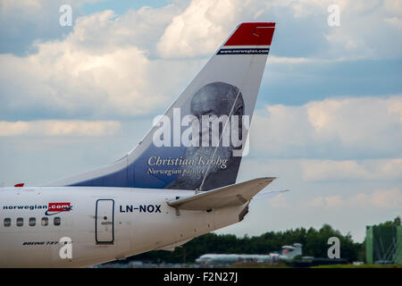 MANCHESTER, Vereinigtes Königreich - 7. August 2015: Norwegian Air Boeing 737 Heck Lackierung. Schweif zeigt Bild von Christian Krohg Stockfoto