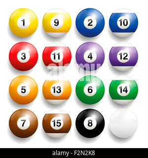 Billard-Kugeln - häufig verwendete Farben. Dreidimensional und realistisch aussehende, Abbildung auf weißem Hintergrund. Stockfoto