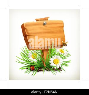 Frühling, Zeit für ein Picknick, Holzschild in einem Rasen, Blüten der Kamille, einen Marienkäfer und eine Biene im Garten, Vektor, Symbol, ein Arbeitsvermittler Stock Vektor