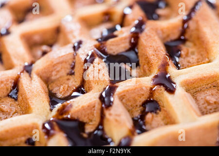 Hausgemachte Waffeln mit dunkler Schokoladensauce (detaillierte Makroaufnahme) Stockfoto