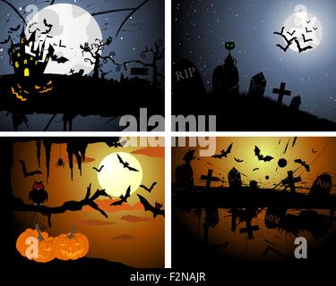 Satz von Halloween Grußkarten. Elegantes Design mit Kürbis, Mond, Baum, Grab, Burg und Katzen über Grunge dunklen Himmelshintergrund. Vektor-Illustration. Stock Vektor