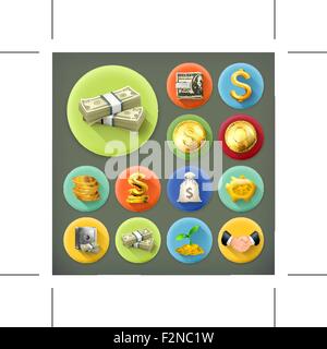 Geld, Münzen, Geschäft und Finanzen langen Schatten Vektor Icon set Stock Vektor