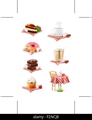 Straßencafé, Schokolade, Kuchen, Kuchen, Kaffee, Krapfen, Vektor-Icon-set Stock Vektor