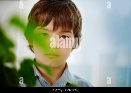 Kaukasische Junge stand hinter Pflanzen in Innenräumen Stockfoto