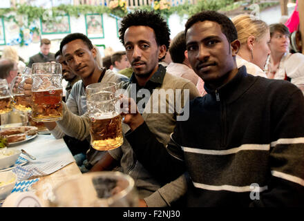 München, Deutschland. 20. Sep, 2015. Flüchtlinge aus Eritrea posieren mit Bierkrügen auf dem 182. Oktoberfest in München, Deutschland, 20. September 2015. Die weltweit größte Bier-Festival, 4. Oktober 2015 abgeschlossen wird, wird voraussichtlich rund 6 Millionen Besucher aus aller Welt in diesem Jahr gewinnen. Foto: SVEN HOPPE/Dpa/Alamy Live News Stockfoto