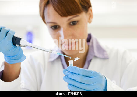 Gemischte Rassen Wissenschaftler Pipettieren Probe in Reagenzglas im Labor Stockfoto