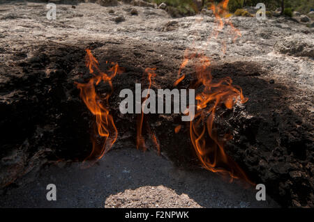 Brennende Feuer am Berg Chimäre oder Yanartas nahe dem Dorf Çıralı an der Mittelmeerküste in der Provinz Antalya. Stockfoto