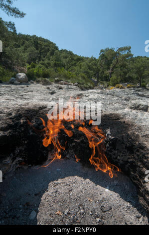 Brennende Feuer am Berg Chimäre oder Yanartas nahe dem Dorf Çıralı an der Mittelmeerküste in der Provinz Antalya. Stockfoto